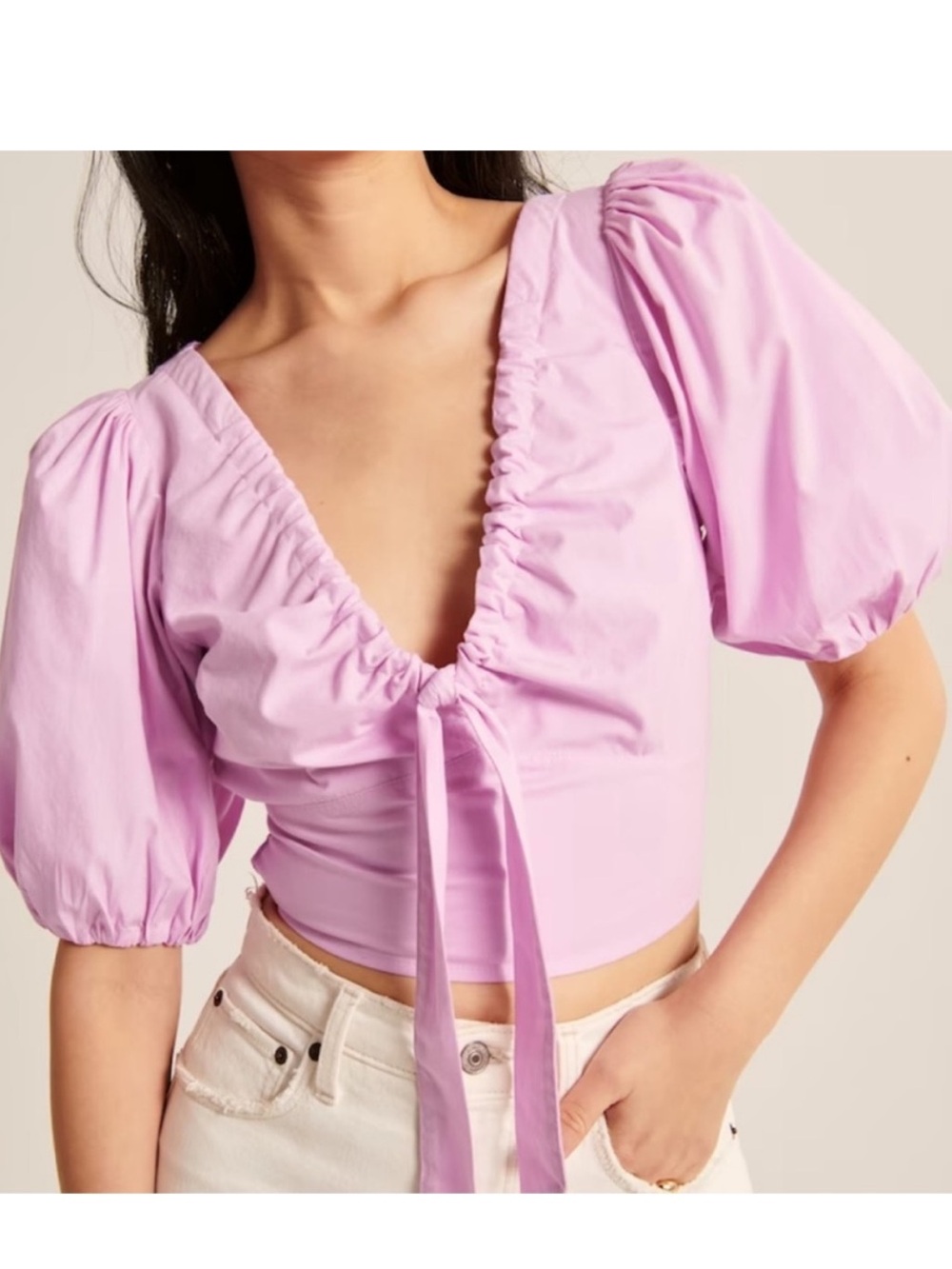 Abercrombie & Fitch Pink Puff-Sleeve Tie-Front Crop Top